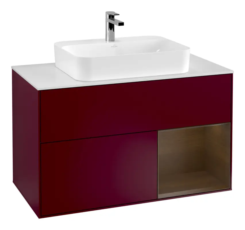 Villeroy & Boch Finion Waschbeckenunterschrank für Becken mittig Regal rechts für Finion / Memento 2.0 Aufsatzwaschbecken 2 Auszüge mit Beleuchtung (3x LED) 1000 x 603 x 501 mm - Peony Matt Lacquer / Walnut Veneer / Glass White Matt Expressversand