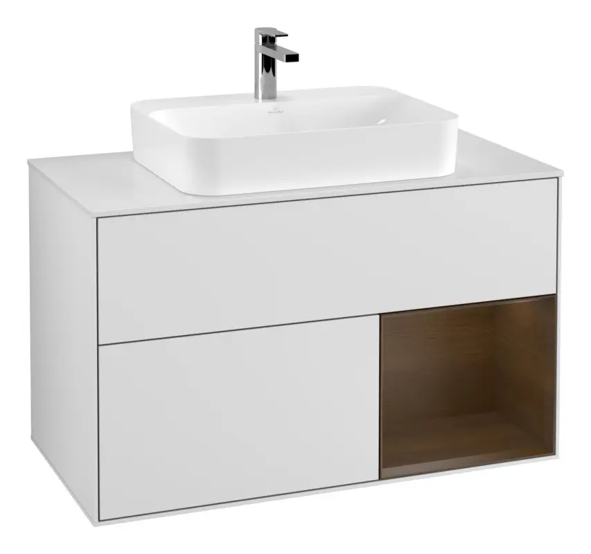 Villeroy & Boch Finion Waschbeckenunterschrank für Becken mittig Regal rechts für Finion / Memento 2.0 Aufsatzwaschbecken 2 Auszüge mit Beleuchtung (3x LED) 1000 x 603 x 501 mm - White Matt Lacquer / Walnut Veneer / Glass White Matt Kracherpreis