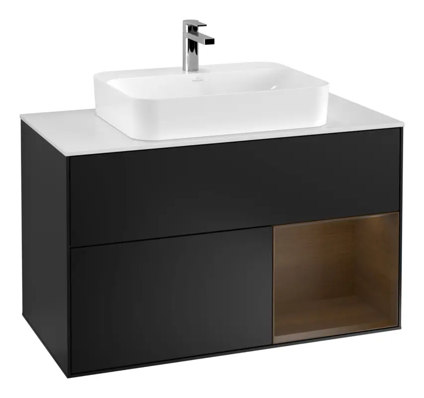 Preiswert Villeroy & Boch Finion Waschbeckenunterschrank für Becken mittig Regal rechts für Finion / Memento 2.0 Aufsatzwaschbecken 2 Auszüge mit Beleuchtung (3x LED) 1000 x 603 x 501 mm - Black Matt Lacquer / Walnut Veneer / Glass White Matt