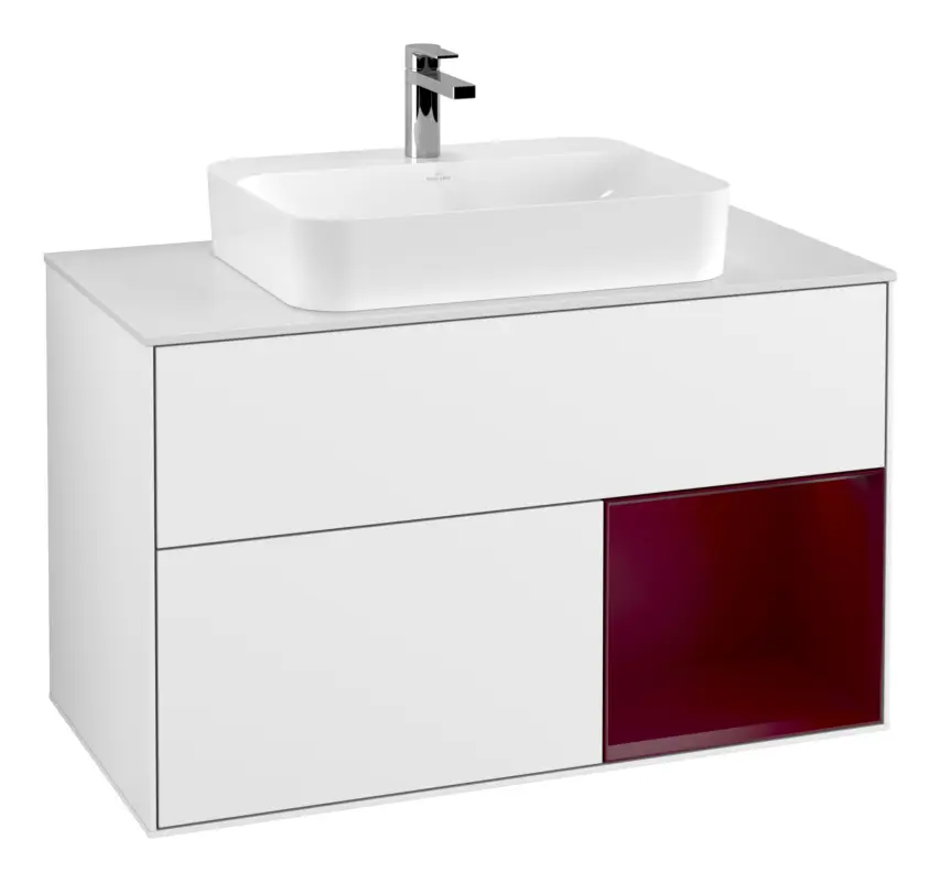 Neue Ware Villeroy & Boch Finion Waschbeckenunterschrank für Becken mittig Regal rechts für Finion / Memento 2.0 Aufsatzwaschbecken 2 Auszüge mit Beleuchtung (3x LED) 1000 x 603 x 501 mm - Glossy White Lacquer / Peony Matt Lacquer / Glass White Matt