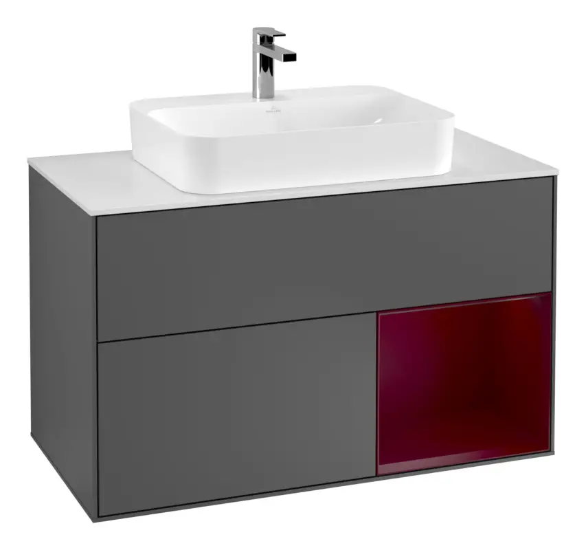 Jetzt Kaufen Villeroy & Boch Finion Waschbeckenunterschrank für Becken mittig Regal rechts für Finion / Memento 2.0 Aufsatzwaschbecken 2 Auszüge mit Beleuchtung (3x LED) 1000 x 603 x 501 mm - Anthracite Matt Lacquer / Peony Matt Lacquer / Glass White Matt