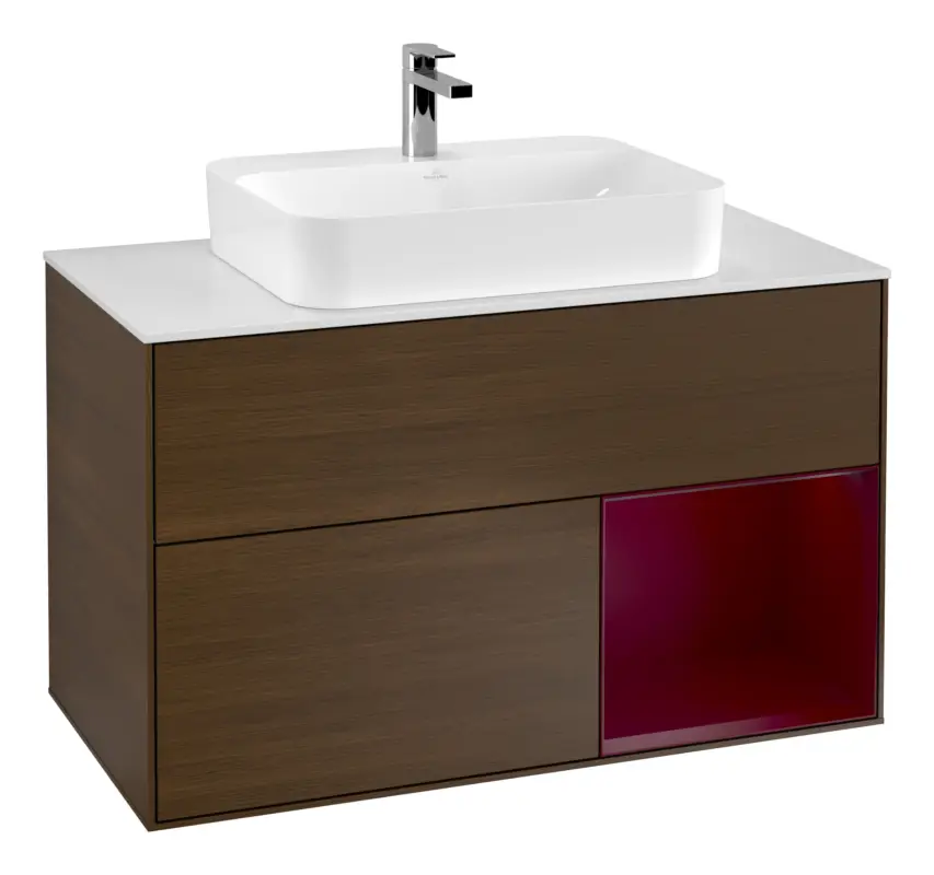 Villeroy & Boch Finion Waschbeckenunterschrank für Becken mittig Regal rechts für Finion / Memento 2.0 Aufsatzwaschbecken 2 Auszüge mit Beleuchtung (3x LED) 1000 x 603 x 501 mm - Walnut Veneer / Peony Matt Lacquer / Glass White Matt Neuheit