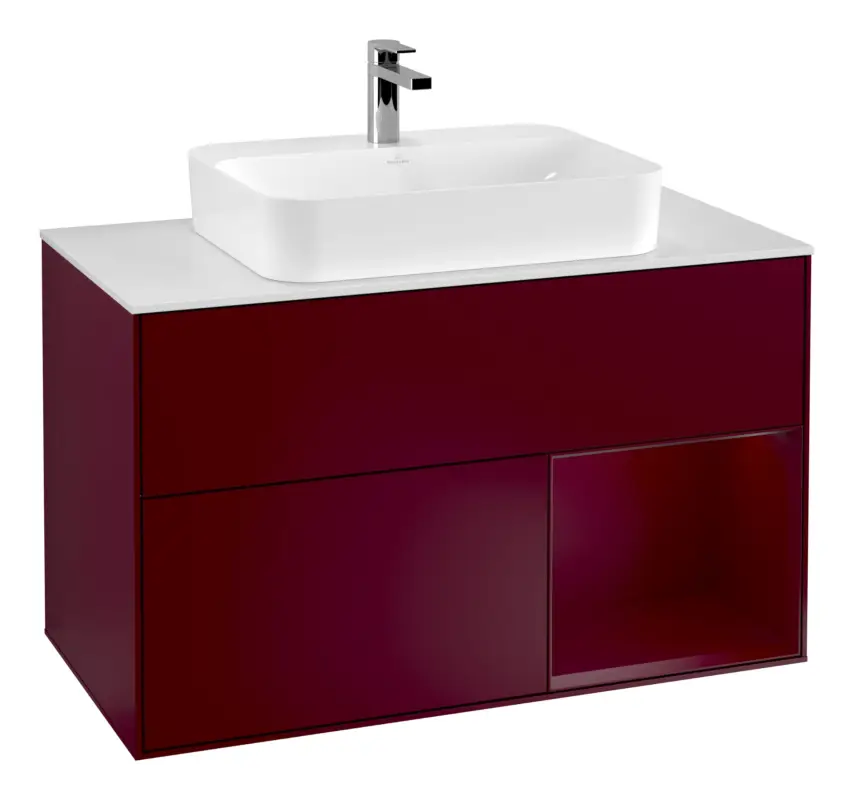 Villeroy & Boch Finion Waschbeckenunterschrank für Becken mittig Regal rechts für Finion / Memento 2.0 Aufsatzwaschbecken 2 Auszüge mit Beleuchtung (3x LED) 1000 x 603 x 501 mm - Peony Matt Lacquer / Glass White Matt Super-Preis