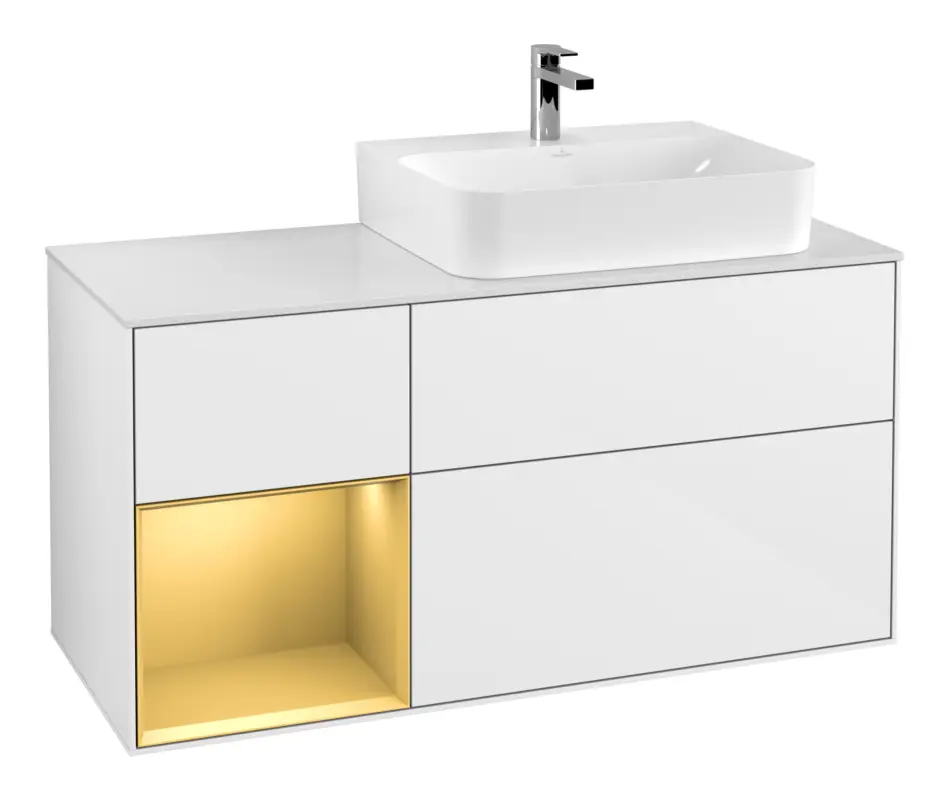 Schnäppchen Villeroy & Boch Finion Waschbeckenunterschrank für Becken rechts Regal links für Finion / Memento 2.0 3 Auszüge mit Beleuchtung (1x LED) 1200 x 603 x 501 mm - Glossy White Lacquer / Gold Matt Lacquer / Glass White Matt