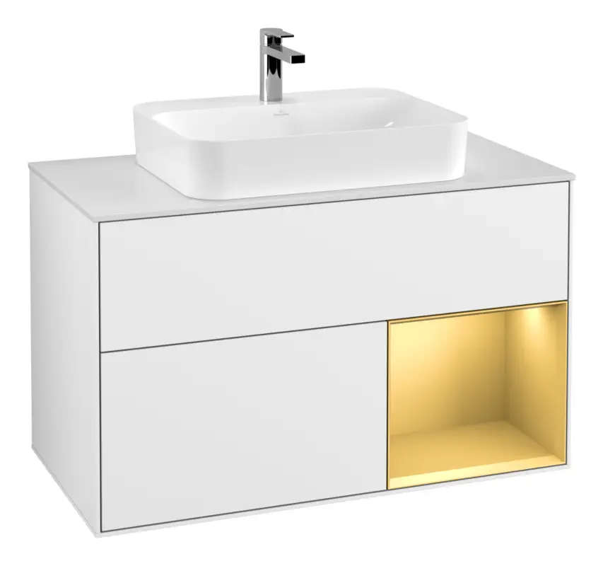 Villeroy & Boch Finion Waschbeckenunterschrank für Becken mittig Regal rechts für Finion / Memento 2.0 Aufsatzwaschbecken 2 Auszüge mit Beleuchtung (3x LED) 1000 x 603 x 501 mm - Glossy White Lacquer / Gold Matt Lacquer / Glass White Matt Zertifiziert