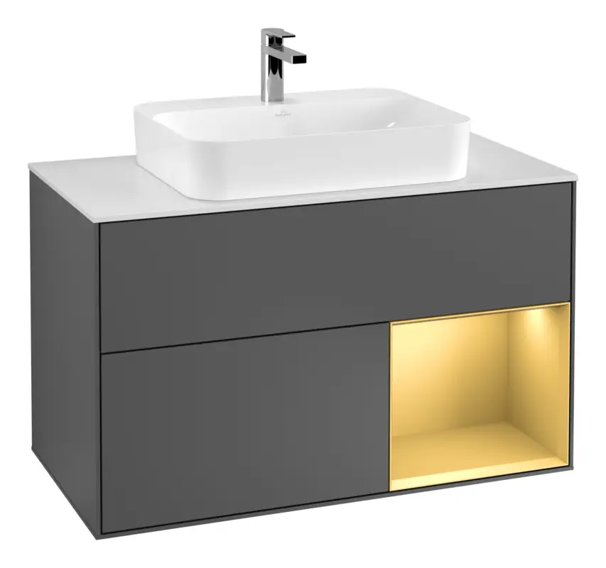 Villeroy & Boch Finion Waschbeckenunterschrank für Becken mittig Regal rechts für Finion / Memento 2.0 Aufsatzwaschbecken 2 Auszüge mit Beleuchtung (3x LED) 1000 x 603 x 501 mm - Anthracite Matt Lacquer / Gold Matt Lacquer / Glass White Matt Top-Preis