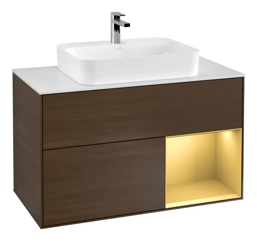 Villeroy & Boch Finion Waschbeckenunterschrank für Becken mittig Regal rechts für Finion / Memento 2.0 Aufsatzwaschbecken 2 Auszüge mit Beleuchtung (3x LED) 1000 x 603 x 501 mm - Walnut Veneer / Gold Matt Lacquer / Glass White Matt Neu