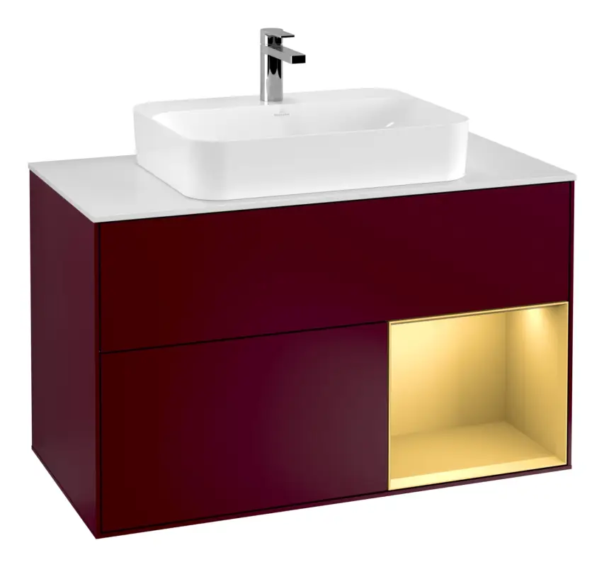 Preisknaller Villeroy & Boch Finion Waschbeckenunterschrank für Becken mittig Regal rechts für Finion / Memento 2.0 Aufsatzwaschbecken 2 Auszüge mit Beleuchtung (3x LED) 1000 x 603 x 501 mm - Peony Matt Lacquer / Gold Matt Lacquer / Glass White Matt