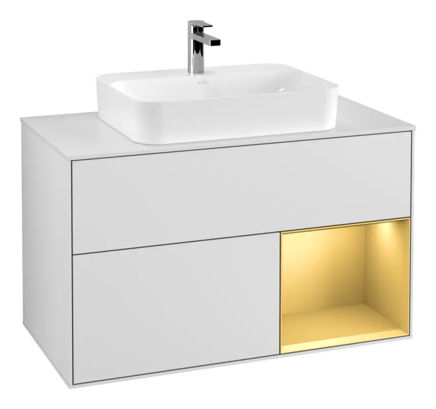 Villeroy & Boch Finion Waschbeckenunterschrank für Becken mittig Regal rechts für Finion / Memento 2.0 Aufsatzwaschbecken 2 Auszüge mit Beleuchtung (3x LED) 1000 x 603 x 501 mm - White Matt Lacquer / Gold Matt Lacquer / Glass White Matt Sonderaktion