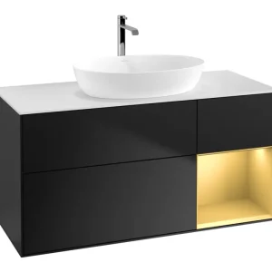 Villeroy & Boch Finion Waschbeckenunterschrank für Becken mittig Regal rechts für Artis / Collaro eckig 3 Auszüge mit Beleuchtung (1x LED) 1200 x 603 x 501 mm - Black Matt Lacquer / Gold Matt Lacquer / Glass White Matt Preisreduziert