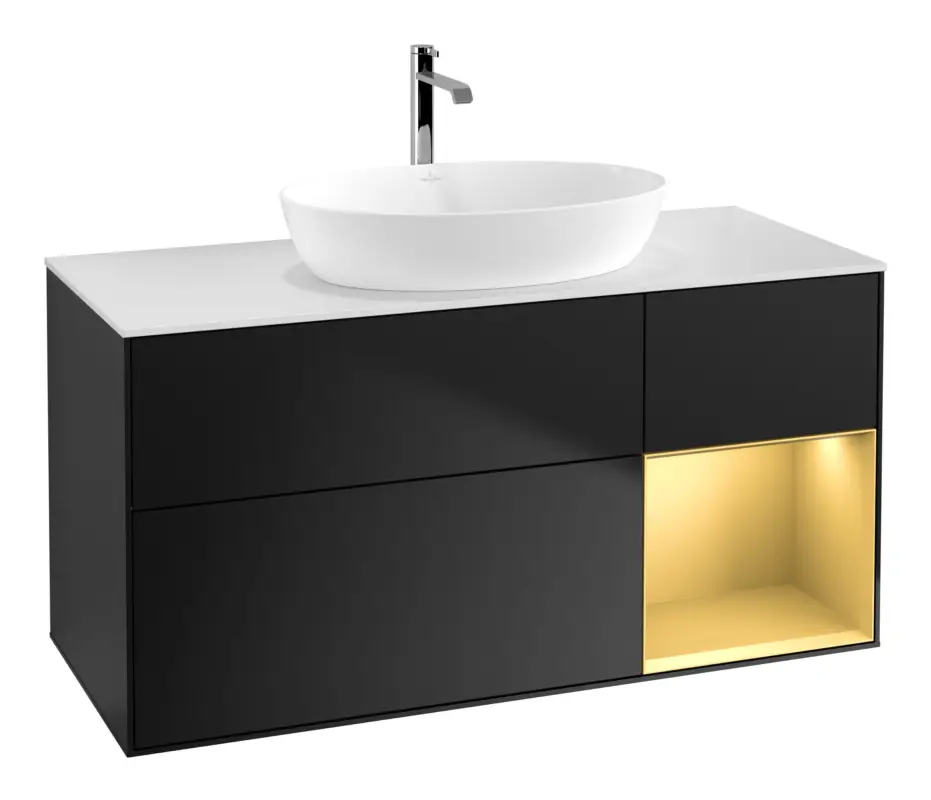 Villeroy & Boch Finion Waschbeckenunterschrank für Becken mittig Regal rechts für Artis / Collaro eckig 3 Auszüge mit Beleuchtung (1x LED) 1200 x 603 x 501 mm - Black Matt Lacquer / Gold Matt Lacquer / Glass White Matt Preisreduziert