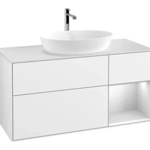 Villeroy & Boch Finion Waschbeckenunterschrank für Becken mittig Regal rechts für Artis / Collaro eckig 3 Auszüge mit Beleuchtung (1x LED) 1200 x 603 x 501 mm - Glossy White Lacquer / White Matt Lacquer / Glass White Matt Sofort Bestellen