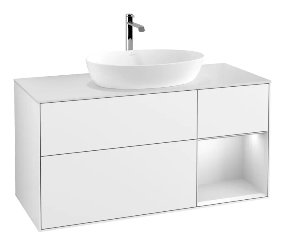Villeroy & Boch Finion Waschbeckenunterschrank für Becken mittig Regal rechts für Artis / Collaro eckig 3 Auszüge mit Beleuchtung (1x LED) 1200 x 603 x 501 mm - Glossy White Lacquer / White Matt Lacquer / Glass White Matt Sofort Bestellen