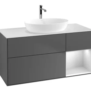 Preis Gesenkt Villeroy & Boch Finion Waschbeckenunterschrank für Becken mittig Regal rechts für Artis / Collaro eckig 3 Auszüge mit Beleuchtung (1x LED) 1200 x 603 x 501 mm - Anthracite Matt Lacquer / White Matt Lacquer / Glass White Matt