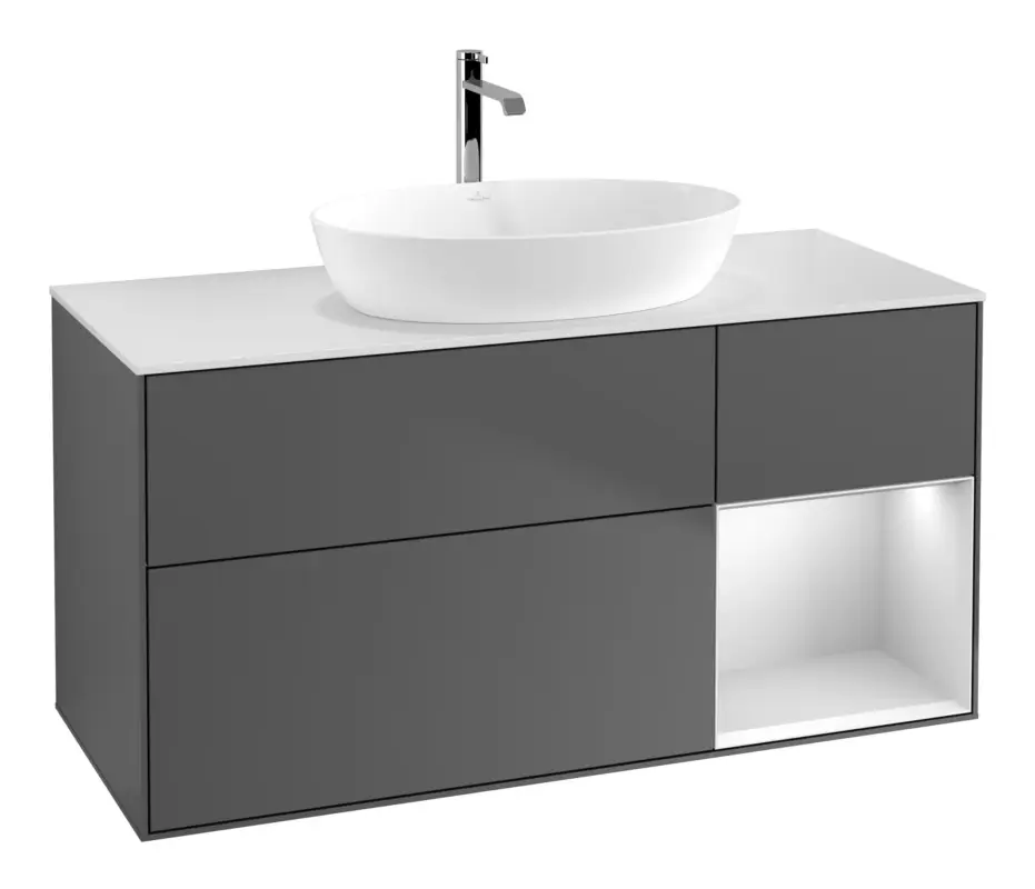 Preis Gesenkt Villeroy & Boch Finion Waschbeckenunterschrank für Becken mittig Regal rechts für Artis / Collaro eckig 3 Auszüge mit Beleuchtung (1x LED) 1200 x 603 x 501 mm - Anthracite Matt Lacquer / White Matt Lacquer / Glass White Matt