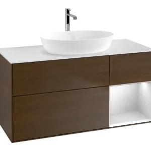 Villeroy & Boch Finion Waschbeckenunterschrank für Becken mittig Regal rechts für Artis / Collaro eckig 3 Auszüge mit Beleuchtung (1x LED) 1200 x 603 x 501 mm - Walnut Veneer / White Matt Lacquer / Glass White Matt Garantierte Lieferung