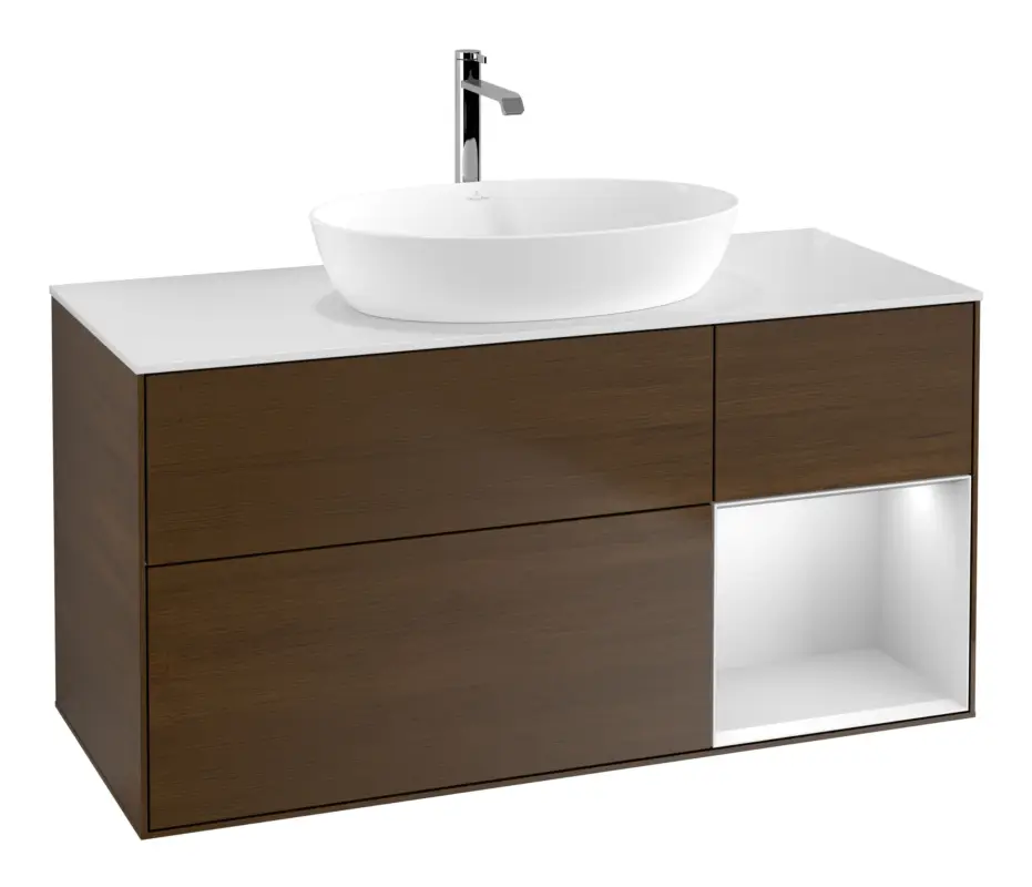 Villeroy & Boch Finion Waschbeckenunterschrank für Becken mittig Regal rechts für Artis / Collaro eckig 3 Auszüge mit Beleuchtung (1x LED) 1200 x 603 x 501 mm - Walnut Veneer / White Matt Lacquer / Glass White Matt Garantierte Lieferung