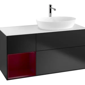 Villeroy & Boch Finion Waschbeckenunterschrank für Becken rechts Regal rechts für Artis / Collaro 3 Auszüge mit Beleuchtung (1x LED) mit Hahnloch 1200 x 603 x 501 mm - Black Matt Lacquer / Peony Matt Lacquer / Glass White Matt Begrenztes Angebot