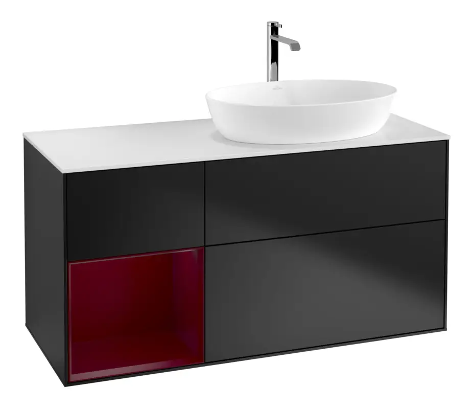 Villeroy & Boch Finion Waschbeckenunterschrank für Becken rechts Regal rechts für Artis / Collaro 3 Auszüge mit Beleuchtung (1x LED) mit Hahnloch 1200 x 603 x 501 mm - Black Matt Lacquer / Peony Matt Lacquer / Glass White Matt Begrenztes Angebot