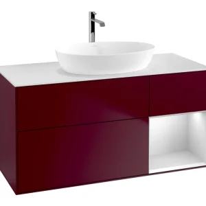Markenware Villeroy & Boch Finion Waschbeckenunterschrank für Becken mittig Regal rechts für Artis / Collaro eckig 3 Auszüge mit Beleuchtung (1x LED) 1200 x 603 x 501 mm - Peony Matt Lacquer / White Matt Lacquer / Glass White Matt