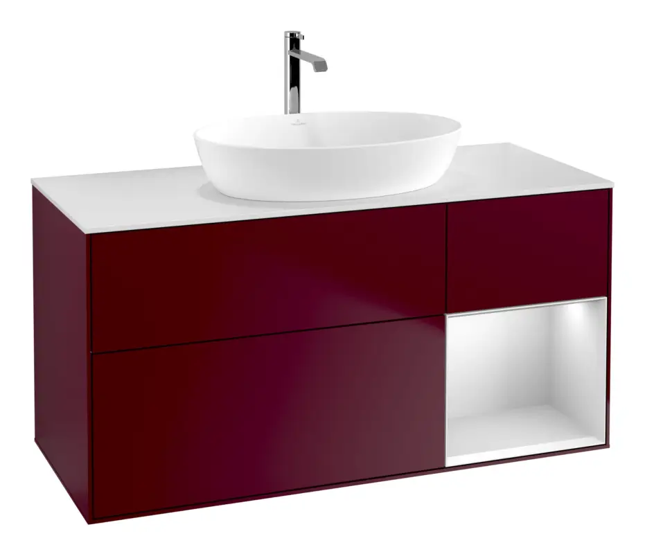 Markenware Villeroy & Boch Finion Waschbeckenunterschrank für Becken mittig Regal rechts für Artis / Collaro eckig 3 Auszüge mit Beleuchtung (1x LED) 1200 x 603 x 501 mm - Peony Matt Lacquer / White Matt Lacquer / Glass White Matt