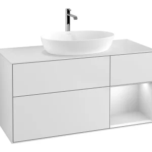 Markenware Villeroy & Boch Finion Waschbeckenunterschrank für Becken mittig Regal rechts für Artis / Collaro eckig 3 Auszüge mit Beleuchtung (1x LED) 1200 x 603 x 501 mm - White Matt Lacquer / Glass White Matt