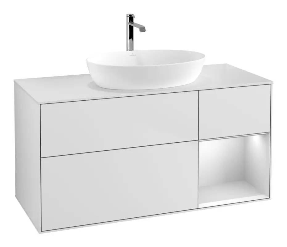 Markenware Villeroy & Boch Finion Waschbeckenunterschrank für Becken mittig Regal rechts für Artis / Collaro eckig 3 Auszüge mit Beleuchtung (1x LED) 1200 x 603 x 501 mm - White Matt Lacquer / Glass White Matt