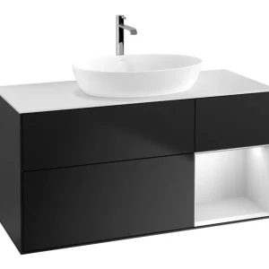 Villeroy & Boch Finion Waschbeckenunterschrank für Becken mittig Regal rechts für Artis / Collaro eckig 3 Auszüge mit Beleuchtung (1x LED) 1200 x 603 x 501 mm - Black Matt Lacquer / White Matt Lacquer / Glass White Matt Finale Aktion