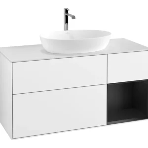 Villeroy & Boch Finion Waschbeckenunterschrank für Becken mittig Regal rechts für Artis / Collaro eckig 3 Auszüge mit Beleuchtung (1x LED) 1200 x 603 x 501 mm - Glossy White Lacquer / Black Matt Lacquer / Glass White Matt Geprüft