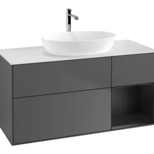 Sonderaktion Villeroy & Boch Finion Waschbeckenunterschrank für Becken mittig Regal rechts für Artis / Collaro eckig 3 Auszüge mit Beleuchtung (1x LED) 1200 x 603 x 501 mm - Anthracite Matt Lacquer / Black Matt Lacquer / Glass White Matt