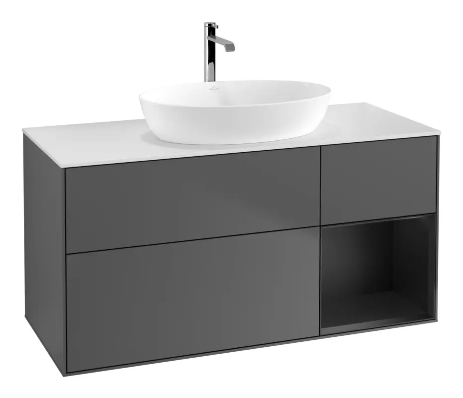 Sonderaktion Villeroy & Boch Finion Waschbeckenunterschrank für Becken mittig Regal rechts für Artis / Collaro eckig 3 Auszüge mit Beleuchtung (1x LED) 1200 x 603 x 501 mm - Anthracite Matt Lacquer / Black Matt Lacquer / Glass White Matt