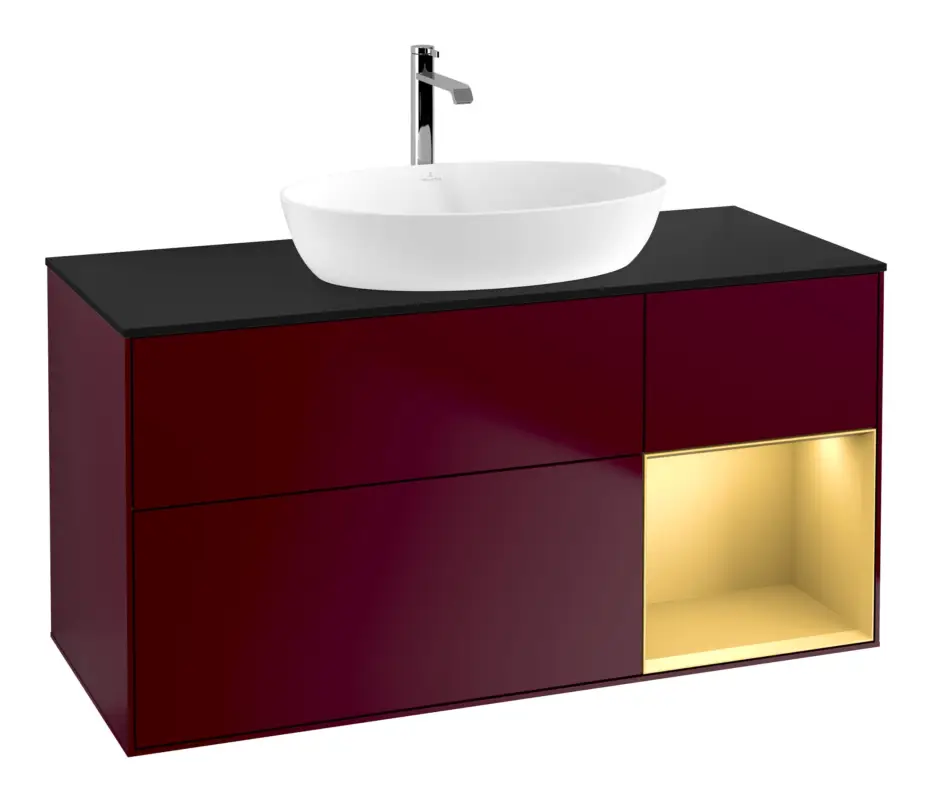 Villeroy & Boch Finion Waschbeckenunterschrank für Becken mittig Regal rechts für Artis / Collaro eckig 3 Auszüge mit Beleuchtung (1x LED) 1200 x 603 x 501 mm - Peony Matt Lacquer / Gold Matt Lacquer / Glass Black Matt Online Kaufen