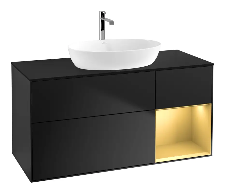 Neu Villeroy & Boch Finion Waschbeckenunterschrank für Becken mittig Regal rechts für Artis / Collaro eckig 3 Auszüge mit Beleuchtung (1x LED) 1200 x 603 x 501 mm - Black Matt Lacquer / Gold Matt Lacquer / Glass Black Matt