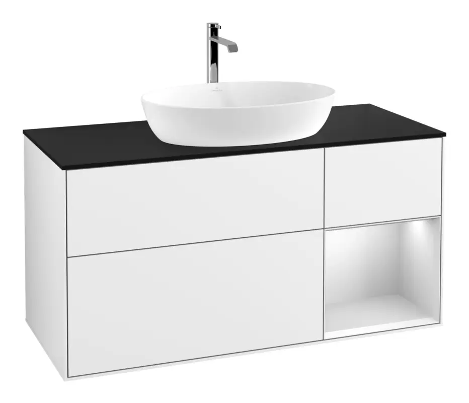 Sonderangebot Villeroy & Boch Finion Waschbeckenunterschrank für Becken mittig Regal rechts für Artis / Collaro eckig 3 Auszüge mit Beleuchtung (1x LED) 1200 x 603 x 501 mm - Glossy White Lacquer / White Matt Lacquer / Glass Black Matt