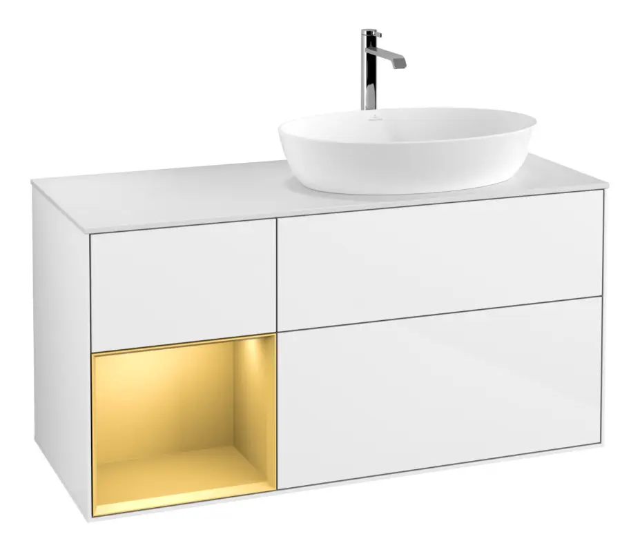 Villeroy & Boch Finion Waschbeckenunterschrank für Becken rechts Regal rechts für Artis / Collaro 3 Auszüge mit Beleuchtung (1x LED) mit Hahnloch 1200 x 603 x 501 mm - Glossy White Lacquer / Gold Matt Lacquer / Glass White Matt Highlight