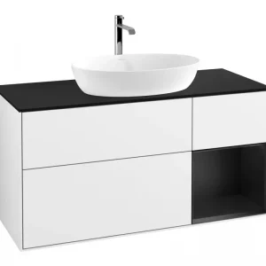 Aktuell Villeroy & Boch Finion Waschbeckenunterschrank für Becken mittig Regal rechts für Artis / Collaro eckig 3 Auszüge mit Beleuchtung (1x LED) 1200 x 603 x 501 mm - Glossy White Lacquer / Black Matt Lacquer / Glass Black Matt