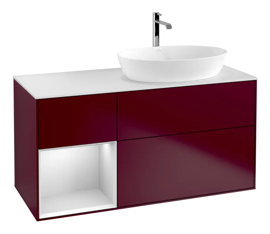 Direkt Vom Hersteller Villeroy & Boch Finion Waschbeckenunterschrank für Becken rechts Regal rechts für Artis / Collaro 3 Auszüge mit Beleuchtung (1x LED) mit Hahnloch 1200 x 603 x 501 mm - Peony Matt Lacquer / White Matt Lacquer / Glass White Matt