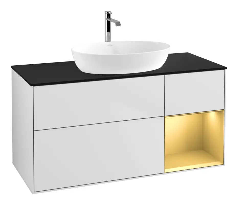 Villeroy & Boch Finion Waschbeckenunterschrank für Becken mittig Regal rechts für Artis / Collaro eckig 3 Auszüge mit Beleuchtung (3x LED) 1200 x 603 x 501 mm - White Matt Lacquer / Gold Matt Lacquer / Glass Black Matt Kracherpreis
