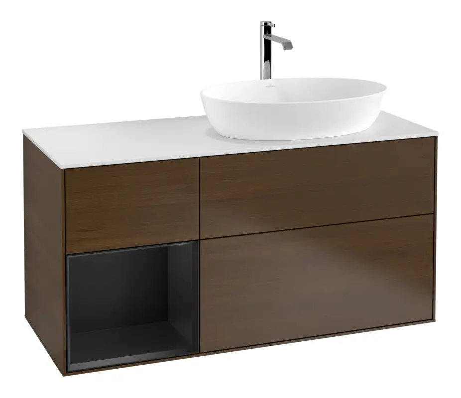 Knallerangebot Villeroy & Boch Finion Waschbeckenunterschrank für Becken rechts Regal rechts für Artis / Collaro 3 Auszüge mit Beleuchtung (1x LED) mit Hahnloch 1200 x 603 x 501 mm - Walnut Veneer / Black Matt Lacquer / Glass White Matt