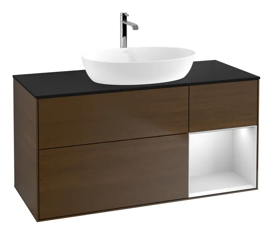 Beliebt Villeroy & Boch Finion Waschbeckenunterschrank für Becken mittig Regal rechts für Artis / Collaro eckig 3 Auszüge mit Beleuchtung (3x LED) 1200 x 603 x 501 mm - Walnut Veneer / White Matt Lacquer / Glass Black Matt