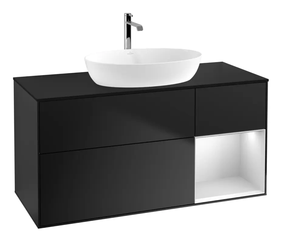 Markenware Villeroy & Boch Finion Waschbeckenunterschrank für Becken mittig Regal rechts für Artis / Collaro eckig 3 Auszüge mit Beleuchtung (3x LED) 1200 x 603 x 501 mm - Black Matt Lacquer / White Matt Lacquer / Glass Black Matt