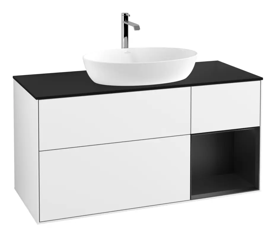 Sofort Bestellen Villeroy & Boch Finion Waschbeckenunterschrank für Becken mittig Regal rechts für Artis / Collaro eckig 3 Auszüge mit Beleuchtung (3x LED) 1200 x 603 x 501 mm - Glossy White Lacquer / Black Matt Lacquer / Glass Black Matt