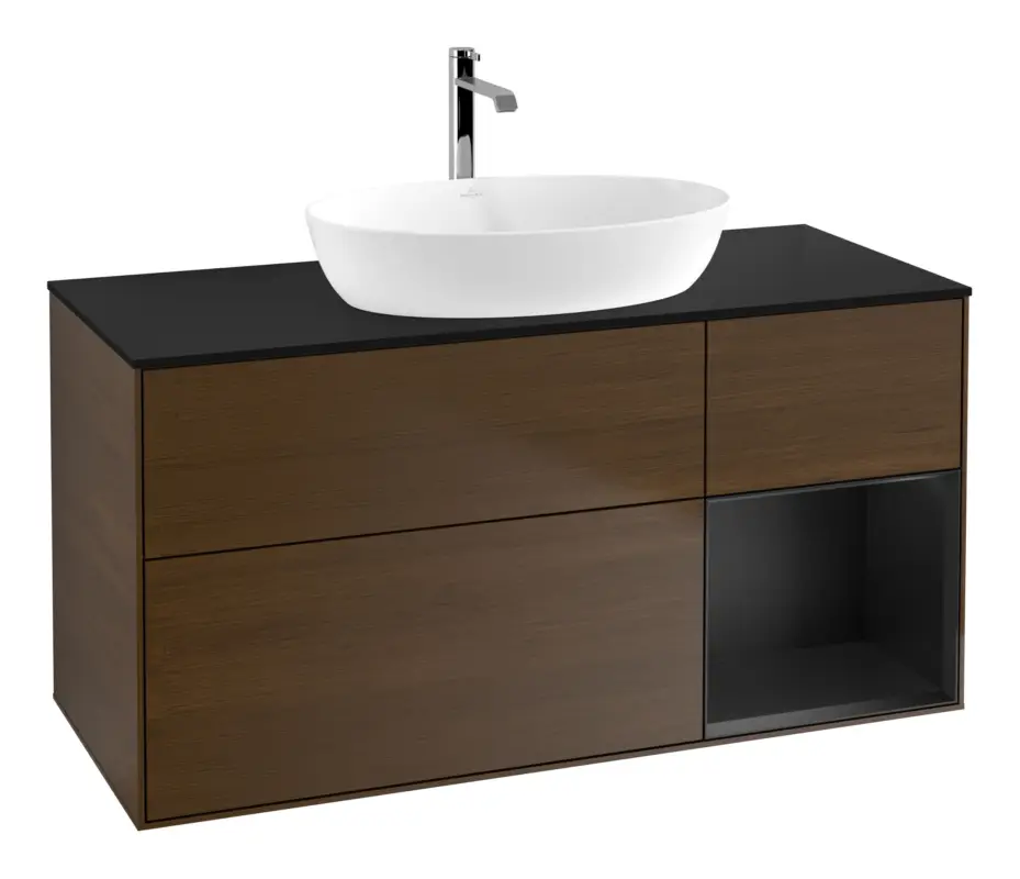 Rabatt Villeroy & Boch Finion Waschbeckenunterschrank für Becken mittig Regal rechts für Artis / Collaro eckig 3 Auszüge mit Beleuchtung (3x LED) 1200 x 603 x 501 mm - Walnut Veneer / Black Matt Lacquer / Glass Black Matt