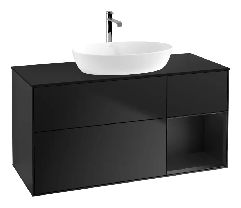 Markenware Villeroy & Boch Finion Waschbeckenunterschrank für Becken mittig Regal rechts für Artis / Collaro eckig 3 Auszüge mit Beleuchtung (3x LED) 1200 x 603 x 501 mm - Black Matt Lacquer / Glass Black Matt
