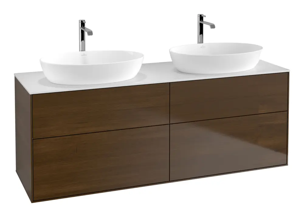 Villeroy & Boch Finion Waschbeckenunterschrank für 2 Becken ohne Regal für Artis / Collaro eckig 4 Auszüge 1600 x 603 x 501 mm - Walnut Veneer / Glass White Matt Sonderangebot