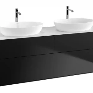 Abverkauf Villeroy & Boch Finion Waschbeckenunterschrank für 2 Becken ohne Regal für Artis / Collaro eckig 4 Auszüge 1600 x 603 x 501 mm - Black Matt Lacquer / Glass White Matt