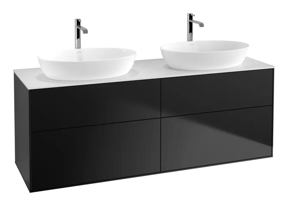 Abverkauf Villeroy & Boch Finion Waschbeckenunterschrank für 2 Becken ohne Regal für Artis / Collaro eckig 4 Auszüge 1600 x 603 x 501 mm - Black Matt Lacquer / Glass White Matt