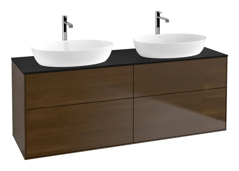 Schneller Versand Villeroy & Boch Finion Waschbeckenunterschrank für 2 Becken ohne Regal für Artis / Collaro eckig 4 Auszüge 1600 x 603 x 501 mm - Walnut Veneer / Glass Black Matt