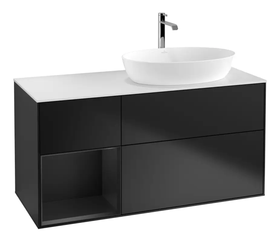 Nur Für Kurze Zeit Villeroy & Boch Finion Waschbeckenunterschrank für Becken rechts Regal rechts für Artis / Collaro 3 Auszüge mit Beleuchtung (1x LED) mit Hahnloch 1200 x 603 x 501 mm - Black Matt Lacquer / Glass White Matt