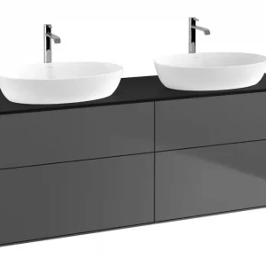 Aktuell Villeroy & Boch Finion Waschbeckenunterschrank für 2 Becken ohne Regal für Artis / Collaro eckig 4 Auszüge mit Beleuchtung (2x LED) 1600 x 603 x 501 mm - Anthracite Matt Lacquer / Glass Black Matt